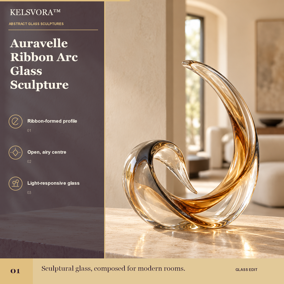 KELSVORA™ Auravelle Ribbon Arc Glass Sculpture