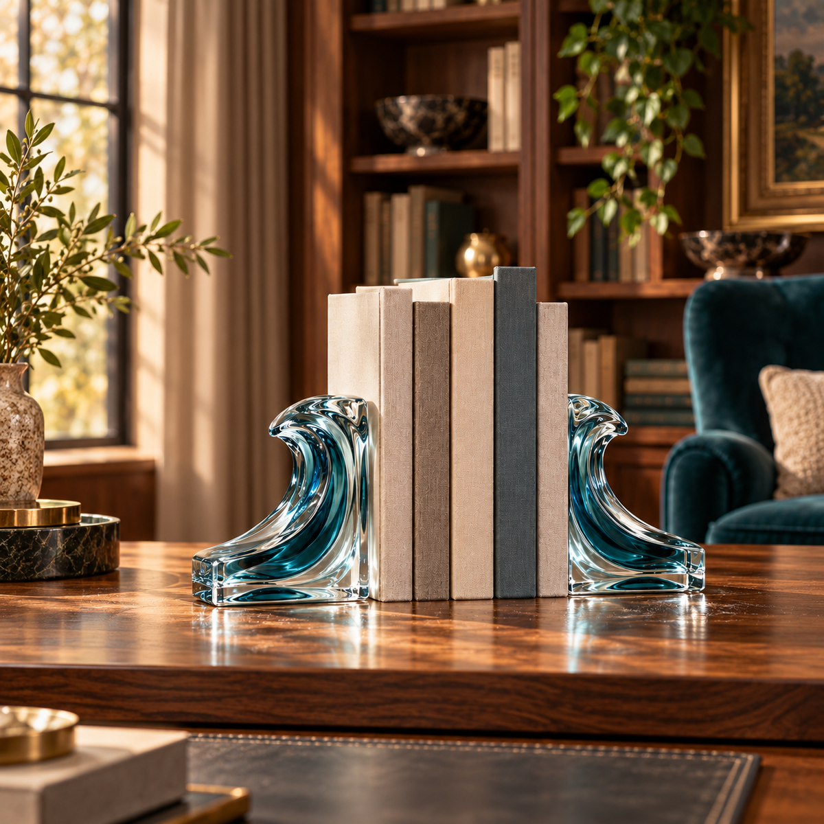 KELSVORA™ Marivelle Wavecrest Glass Bookend Pair