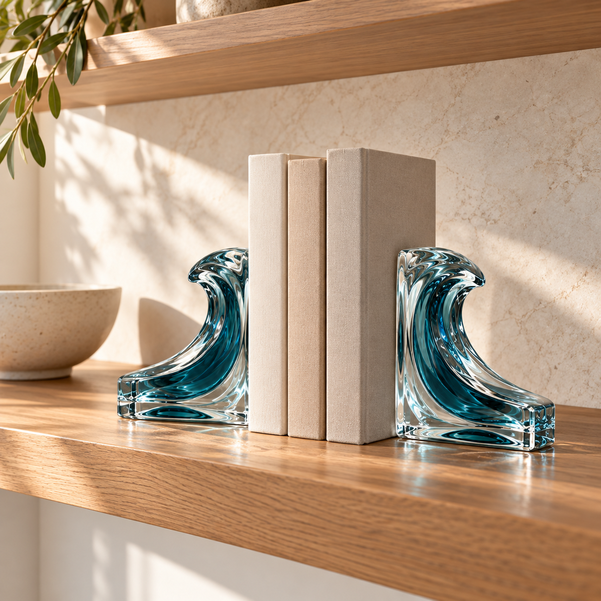 KELSVORA™ Marivelle Wavecrest Glass Bookend Pair