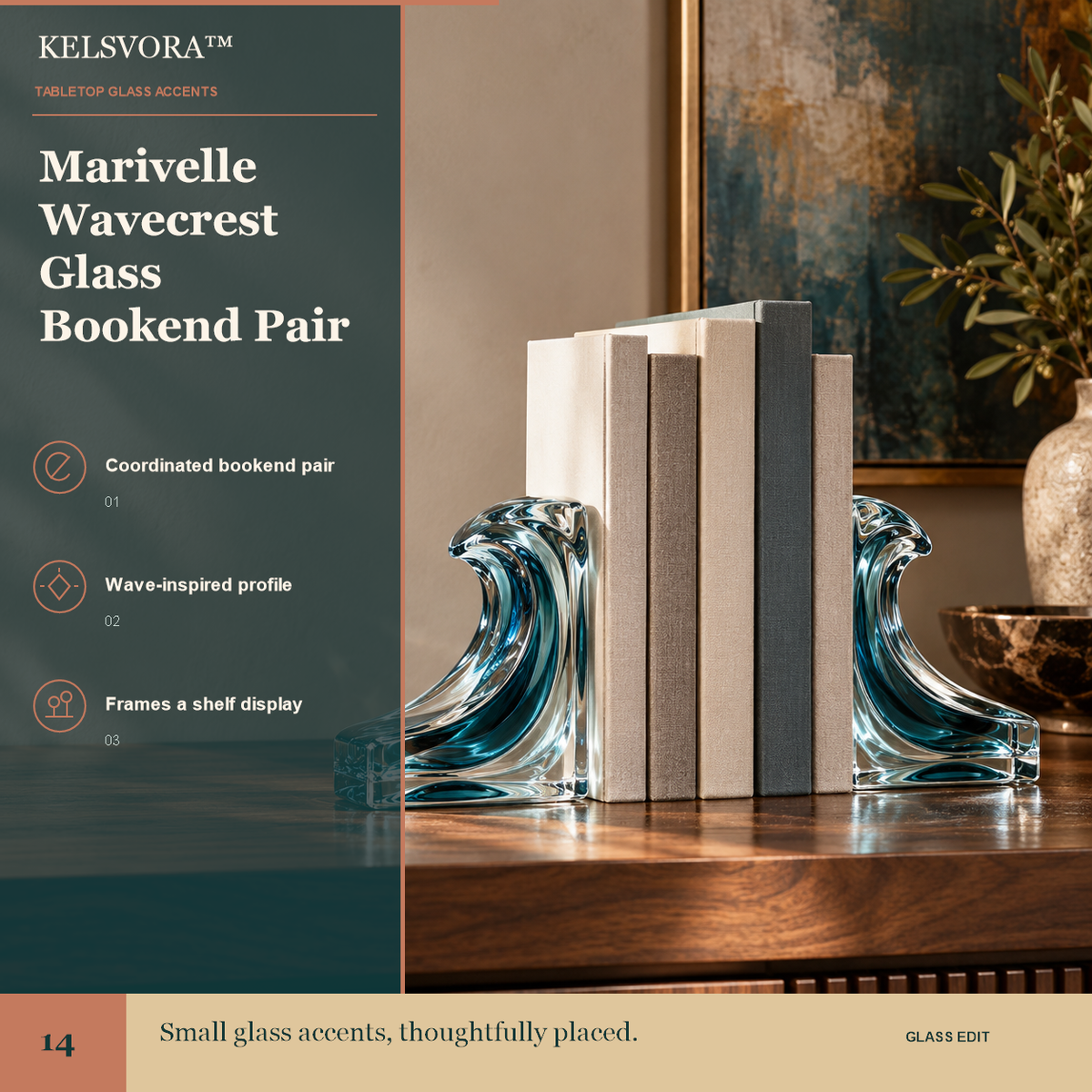 KELSVORA™ Marivelle Wavecrest Glass Bookend Pair