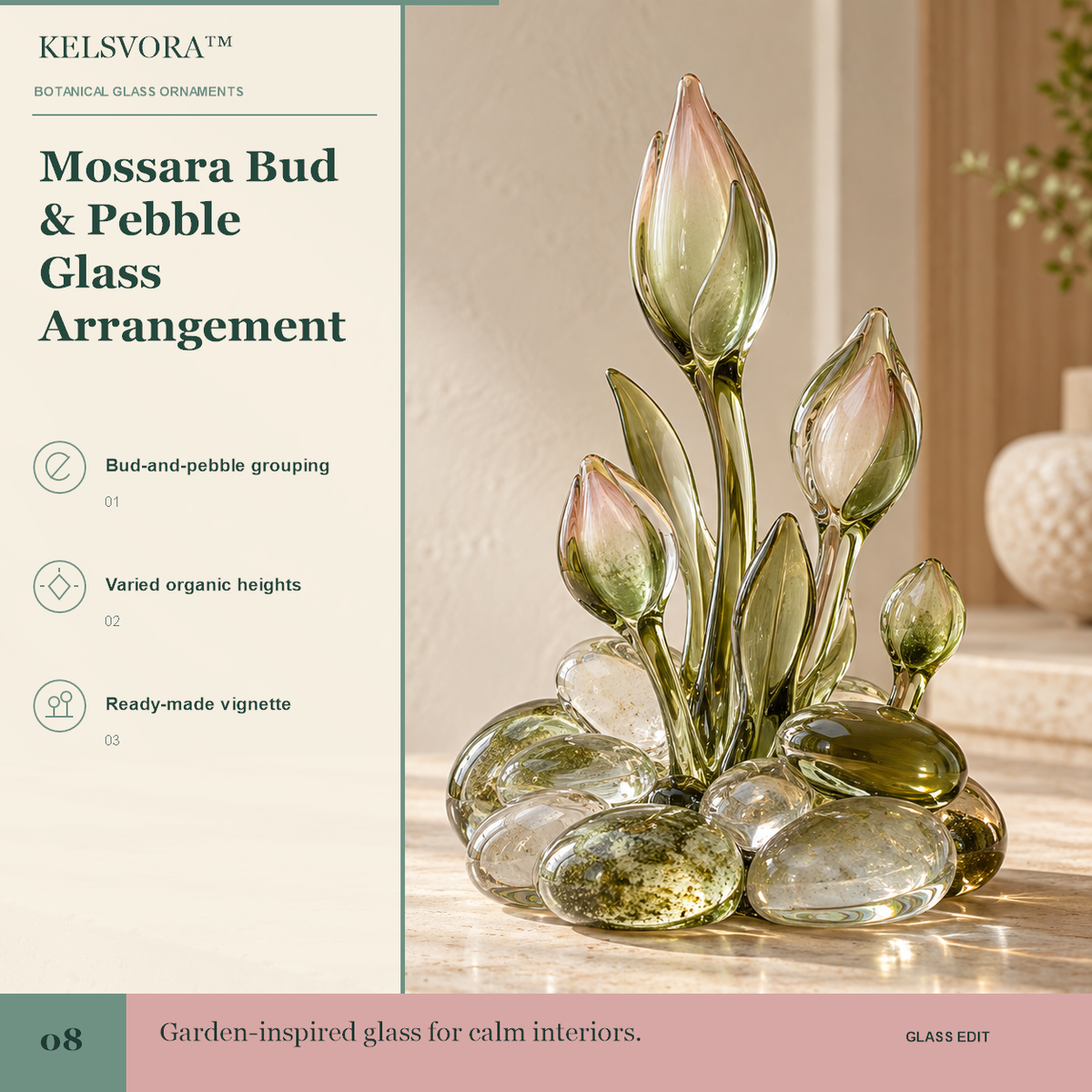 KELSVORA™ Mossara Bud & Pebble Glass Arrangement