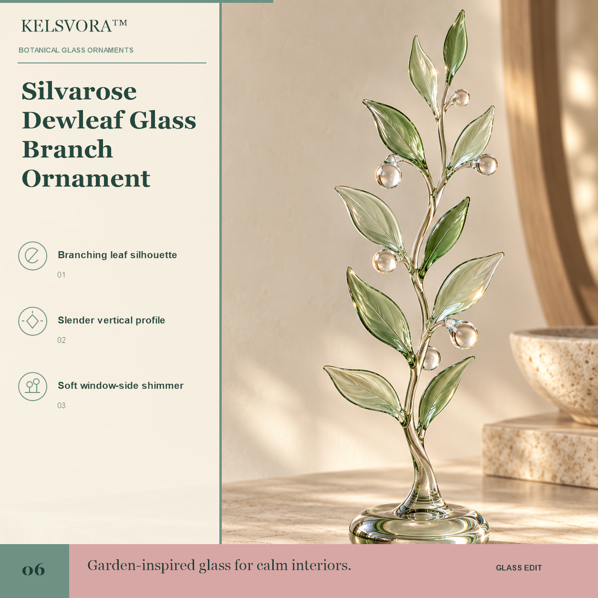 KELSVORA™ Silvarose Dewleaf Glass Branch Ornament